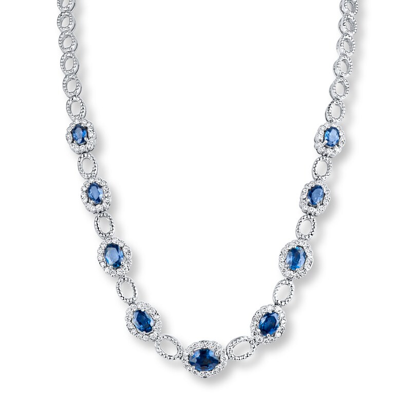 Natural Sapphire Necklace 1-3/8 ct tw Diamonds 14K White Gold