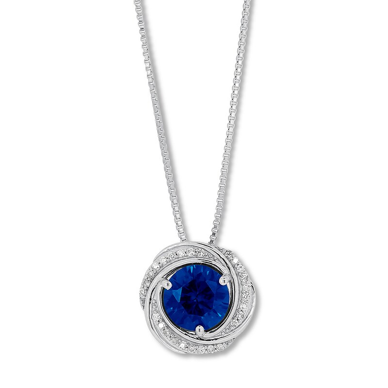 Main Image 1 of Lab-Created Sapphire Necklace with Diamonds Sterling Silver