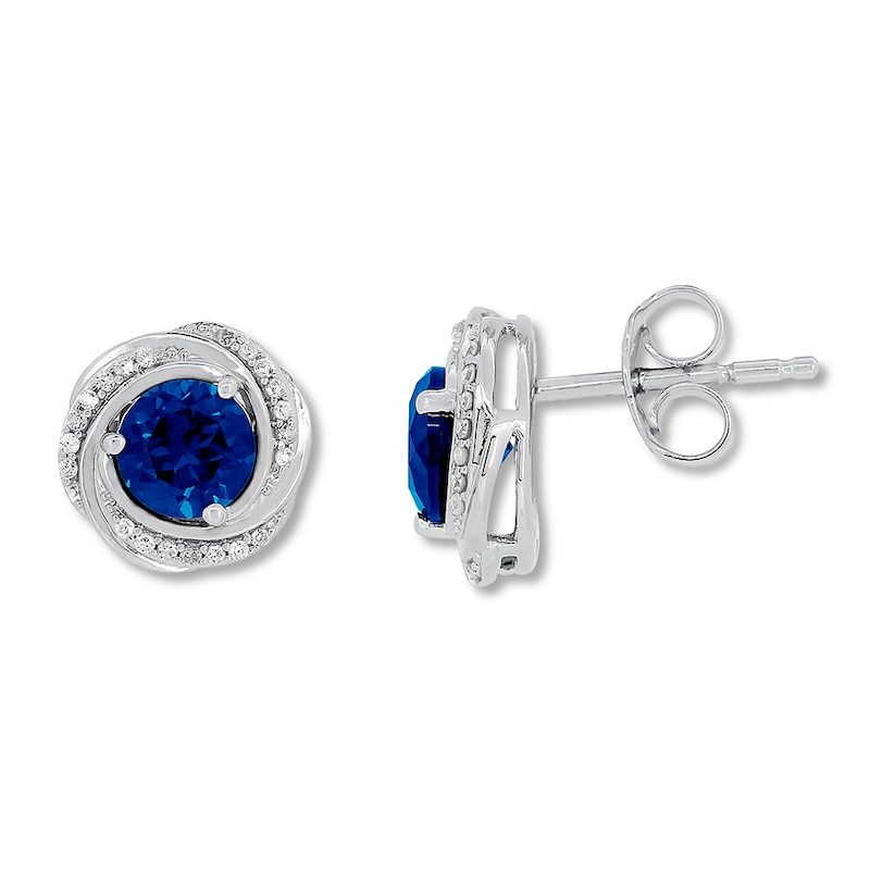 Lab-Created Sapphire Earrings 1/6 cttw Diamonds Sterling Silver