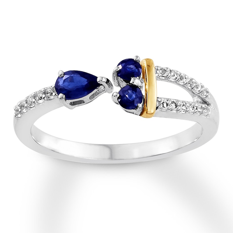 Natural Sapphire Ring White Topaz Sterling Silver/10K Yellow Gold