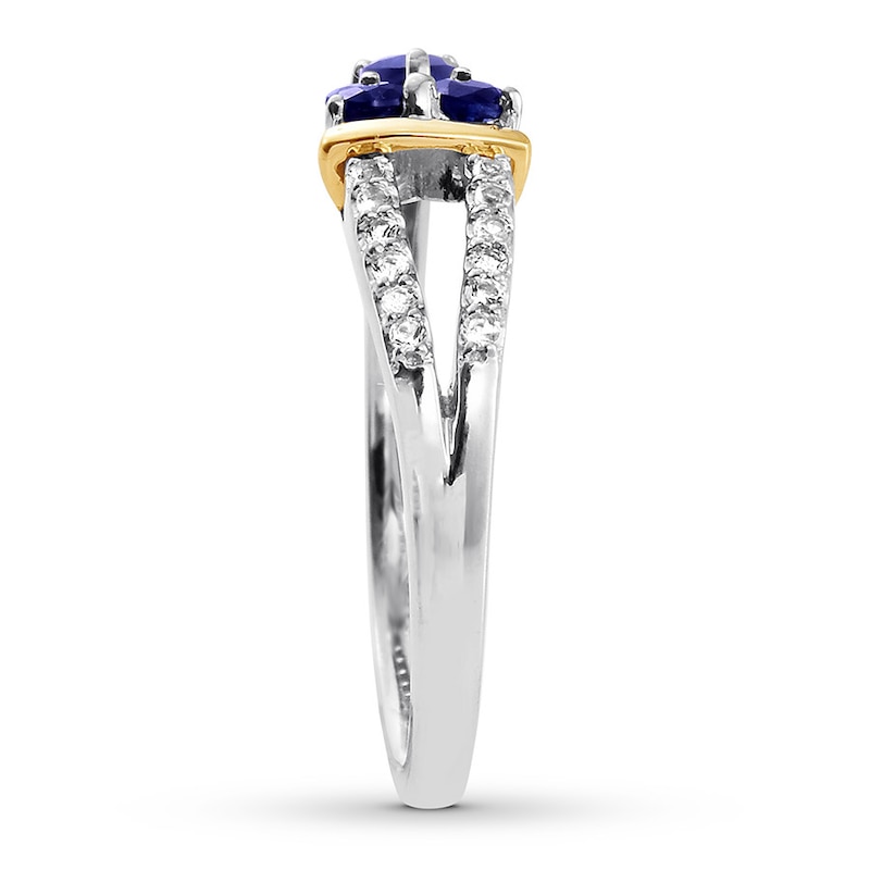 Natural Sapphire Ring White Topaz Sterling Silver/10K Yellow Gold