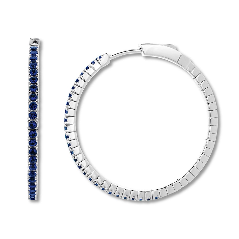 Natural Sapphire Hoop Earrings 10K White Gold