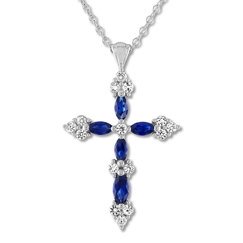 Blue & White Lab-Created Sapphire Cross Necklace 10K White Gold