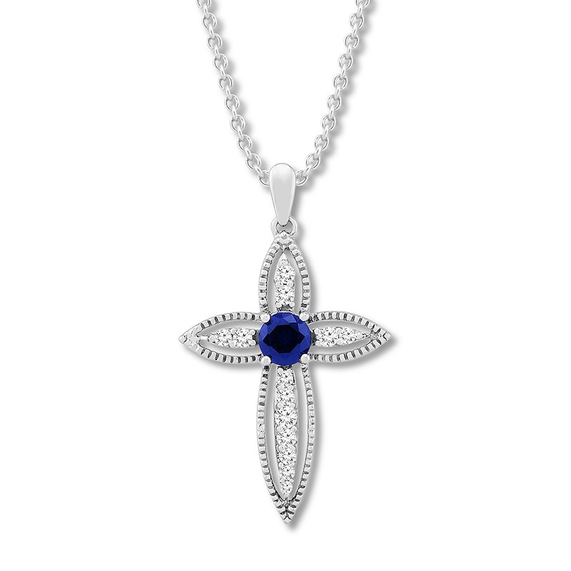 Natural Blue & White Sapphire Cross Necklace 10K White Gold
