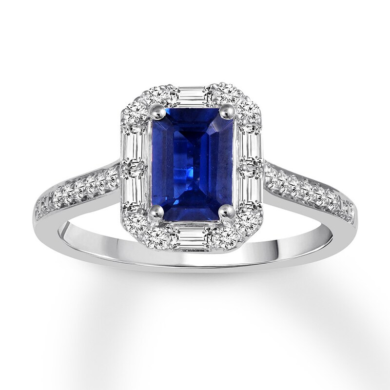 Natural Sapphire Ring 1/3 carat tw Diamonds 14K White Gold