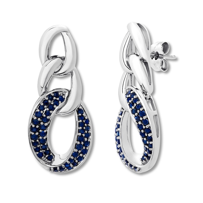Natural Sapphire Link Drop Earrings 10K White Gold