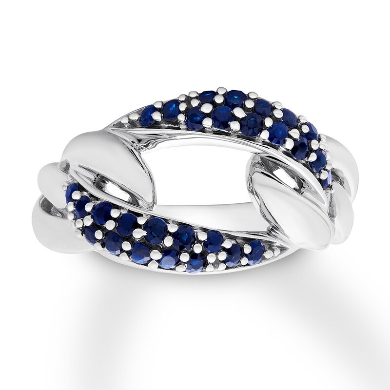 Natural Sapphire Link Ring 10K White Gold