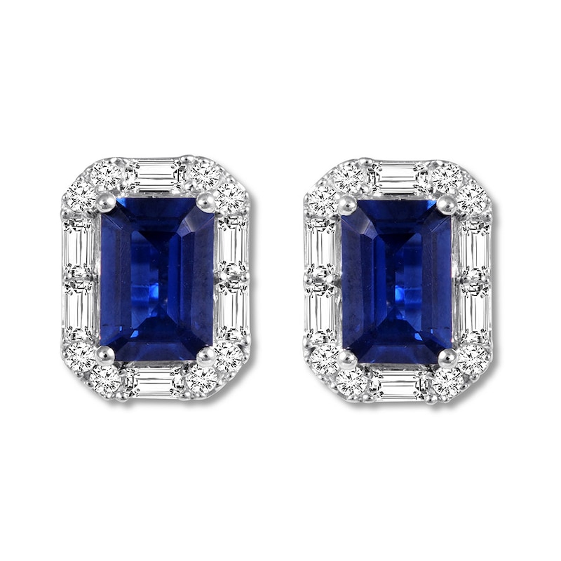 Natural Sapphire Earrings 1/3 carat tw Diamonds 14K White Gold