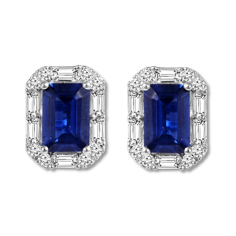 Natural Sapphire Earrings 1/3 carat tw Diamonds 14K White Gold