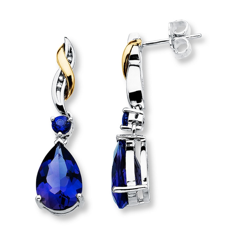 Main Image 1 of Lab-Created Sapphire Earrings Sterling Silver/10K Yellow Gold