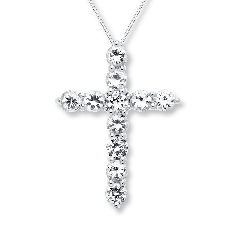 Main Image 1 of Cross Necklace Lab-Created Sapphires Sterling Silver