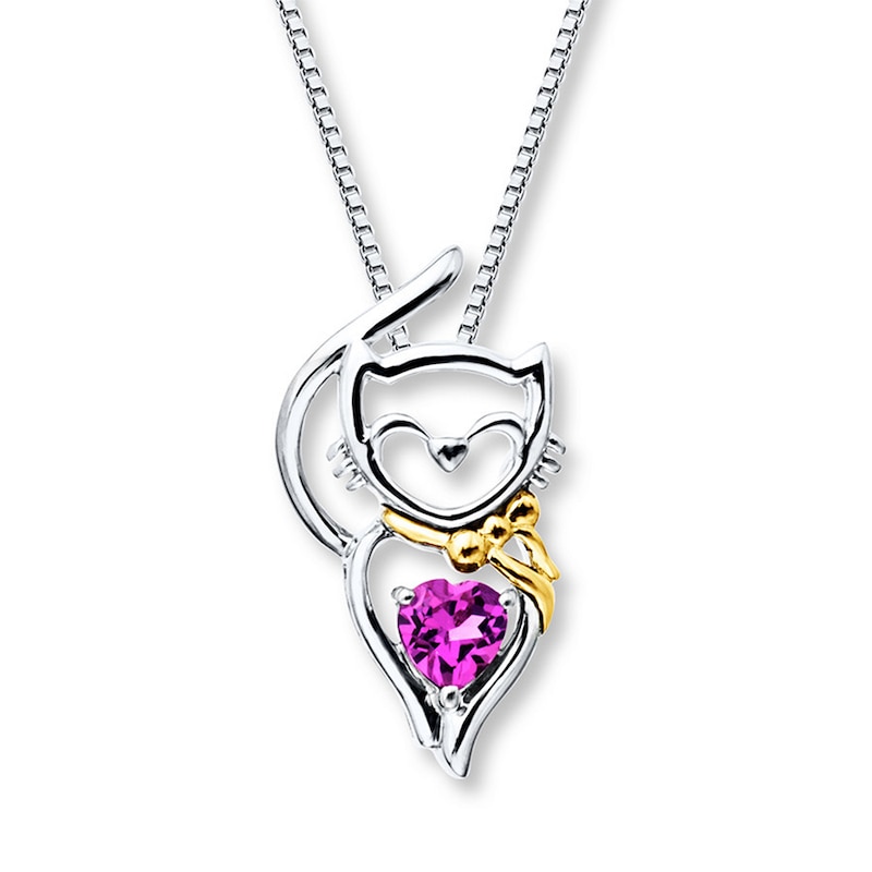 Main Image 1 of Cat Necklace Lab-Created Sapphire Sterling Silver/10K Yellow Gold