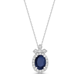 Natural Blue Sapphire Necklace 1/4 ct tw Diamonds Round 10K White Gold