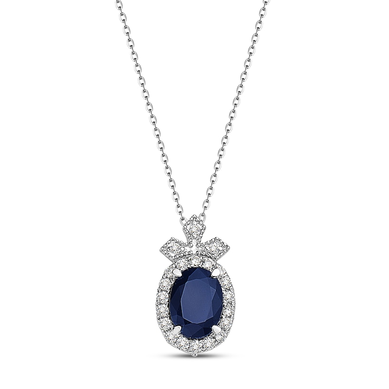 Natural Blue Sapphire Necklace 1/4 ct tw Diamonds Round 10K White Gold
