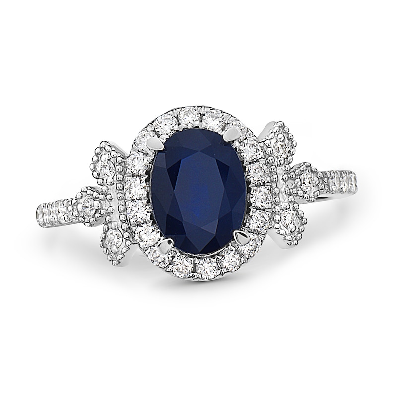 Main Image 1 of Natural Blue Sapphire Ring 1/2 ct tw Diamonds Round 10K White Gold
