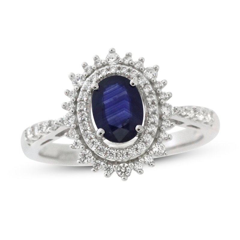 Main Image 1 of Natural Blue Sapphire Ring 1/3 ct tw Diamonds 10K White Gold