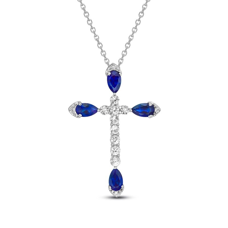 Natural Blue Sapphire Cross Necklace 3/8 ct tw Diamonds 10K White Gold