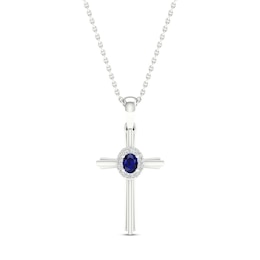 Natural Blue Sapphire Cross Necklace 1/20 ct tw Diamonds 10K White Gold