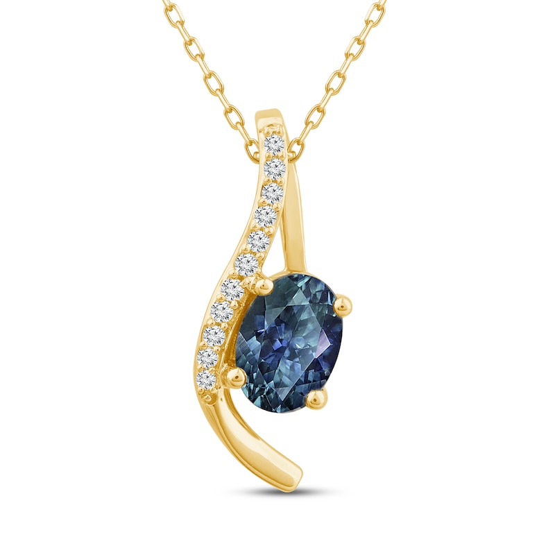 Main Image 1 of Montana Blue Oval-Cut Natural Sapphire Pendant Necklace 1/15 ct tw Round Diamonds 10K Yellow Gold 18"