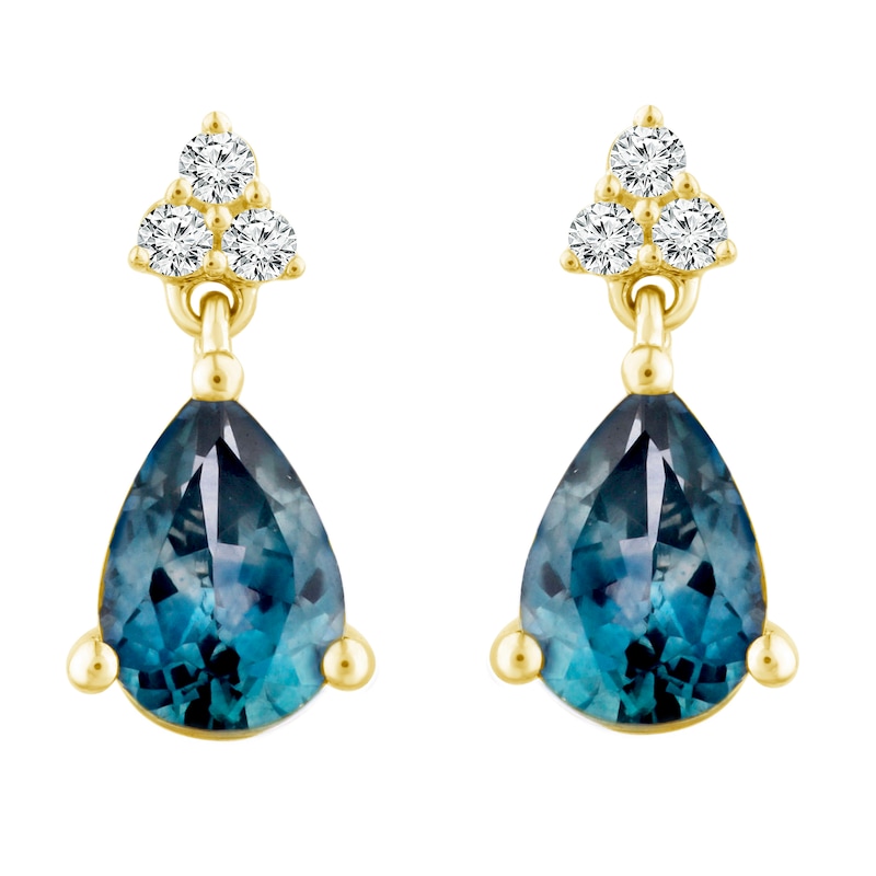 Montana Blue Pear-Shaped Natural Sapphire Dangle Earrings 1/15 ct tw Round Diamonds 10K Yellow Gold
