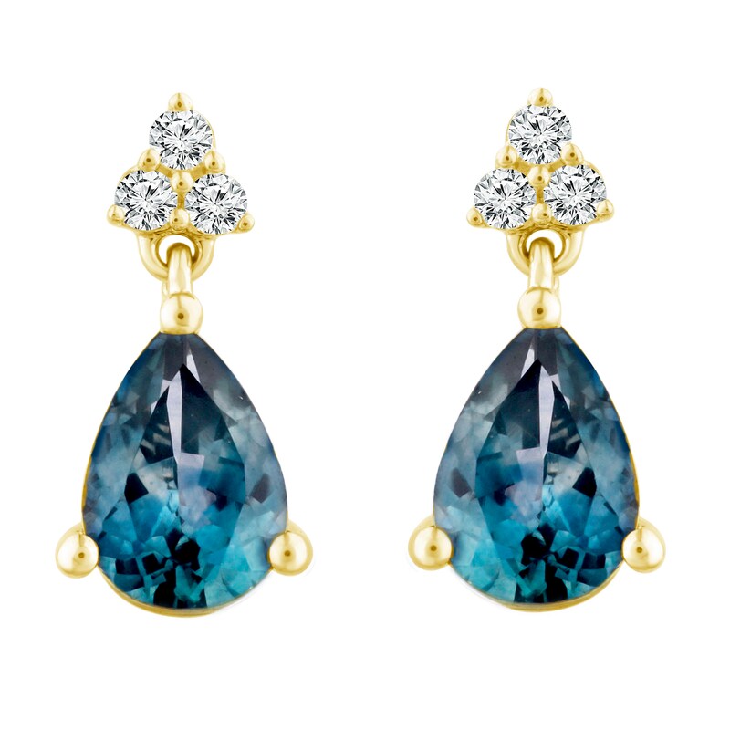 Main Image 1 of Montana Blue Pear-Shaped Natural Sapphire Dangle Earrings 1/15 ct tw Round Diamonds 10K Yellow Gold