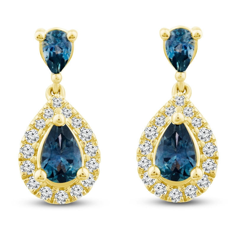 Main Image 1 of Montana Blue Pear-Shaped Natural Sapphire Earrings 1/5 ct tw Round Diamonds 10K Yellow Gold