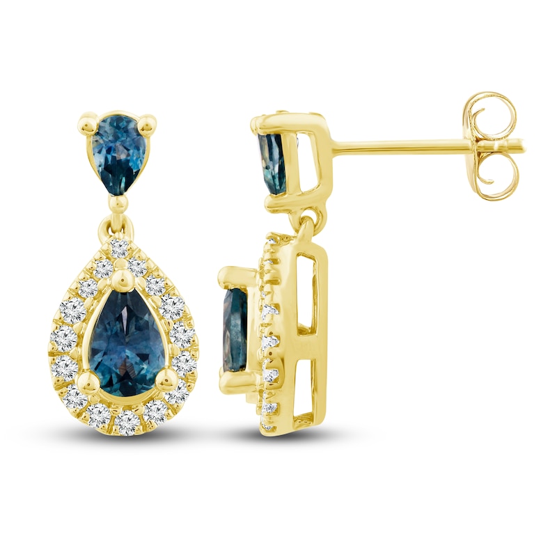 Main Image 2 of Montana Blue Pear-Shaped Natural Sapphire Earrings 1/5 ct tw Round Diamonds 10K Yellow Gold