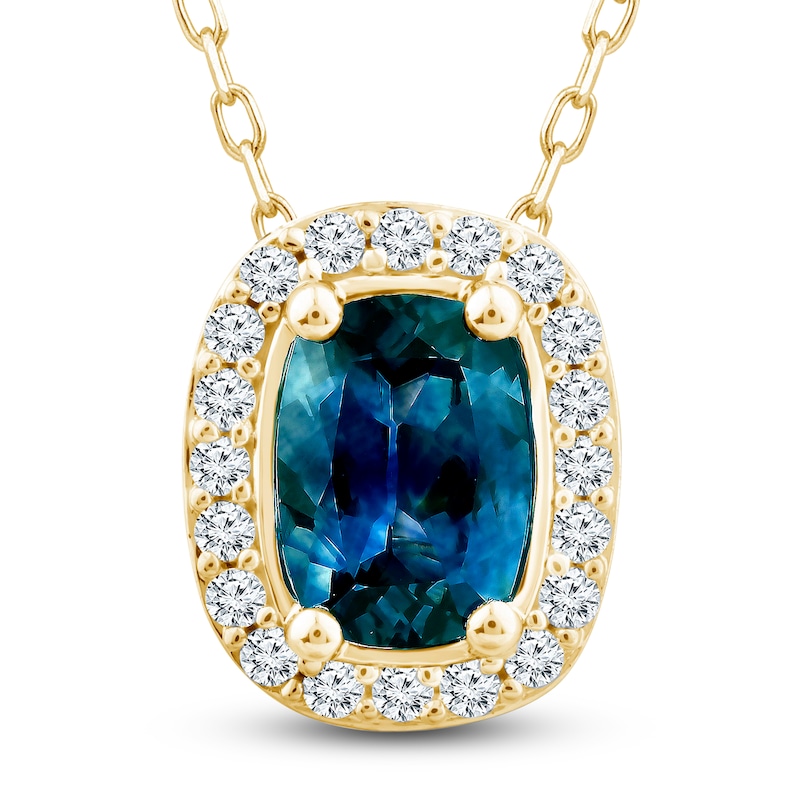 Main Image 1 of Montana Blue Cushion-Cut Natural Sapphire Pendant Necklace 1/6 ct tw Round Diamonds 10K Yellow Gold 18"