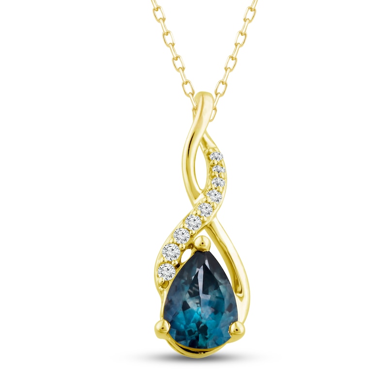 Montana Blue Pear-Shaped Natural Sapphire Pendant Necklace 1/20 ct tw Round Diamonds 10K Yellow Gold 18"