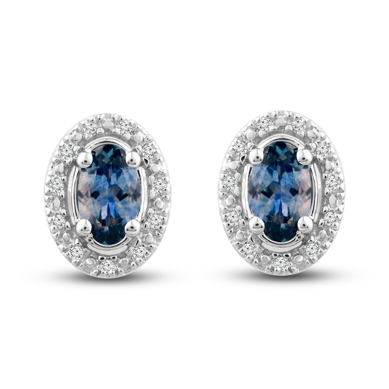 Montana Blue Oval-Cut Natural Sapphire Stud Earrings 1/20 ct tw Round Diamonds 10K White Gold