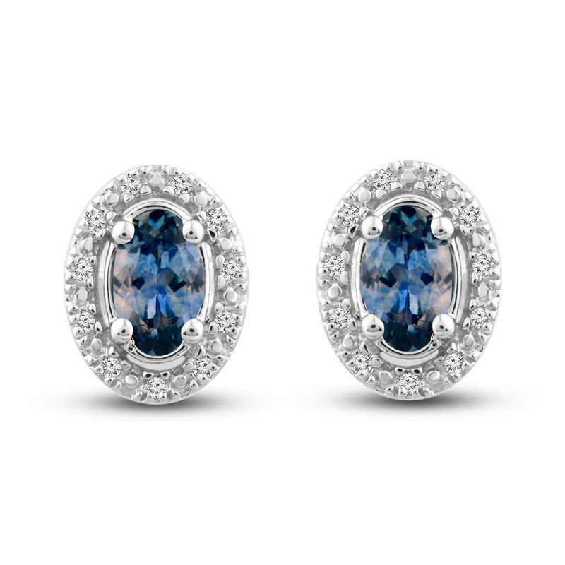 Main Image 1 of Montana Blue Oval-Cut Natural Sapphire Stud Earrings 1/20 ct tw Round Diamonds 10K White Gold