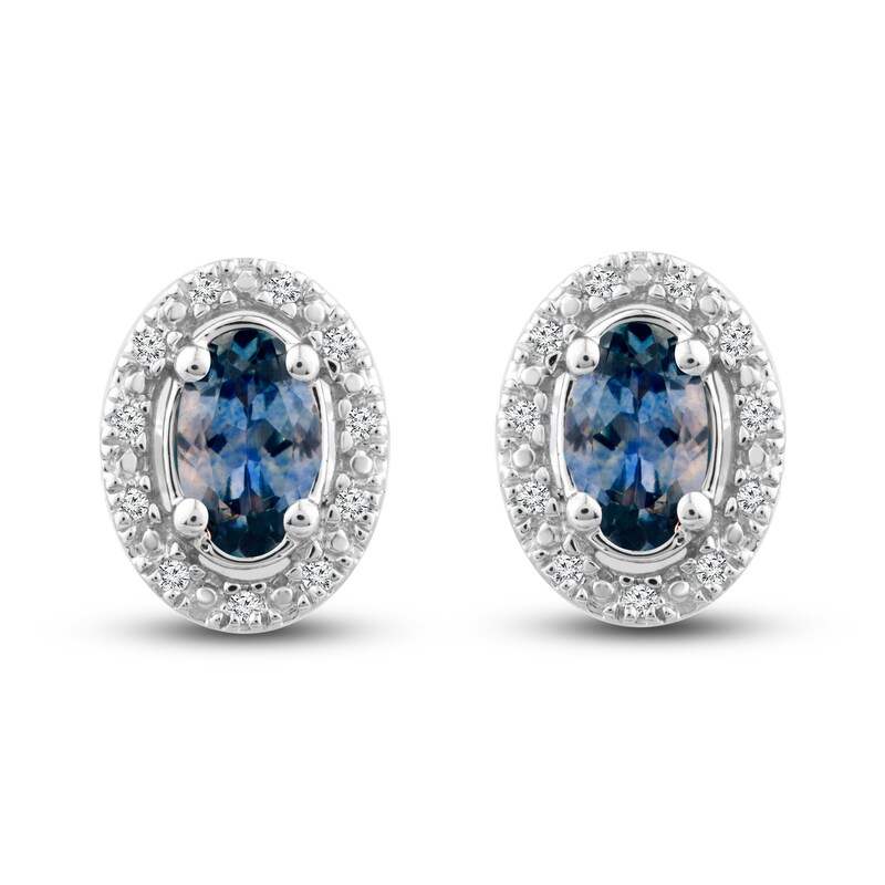 Montana Blue Oval-Cut Natural Sapphire Stud Earrings 1/20 ct tw Round Diamonds 10K White Gold