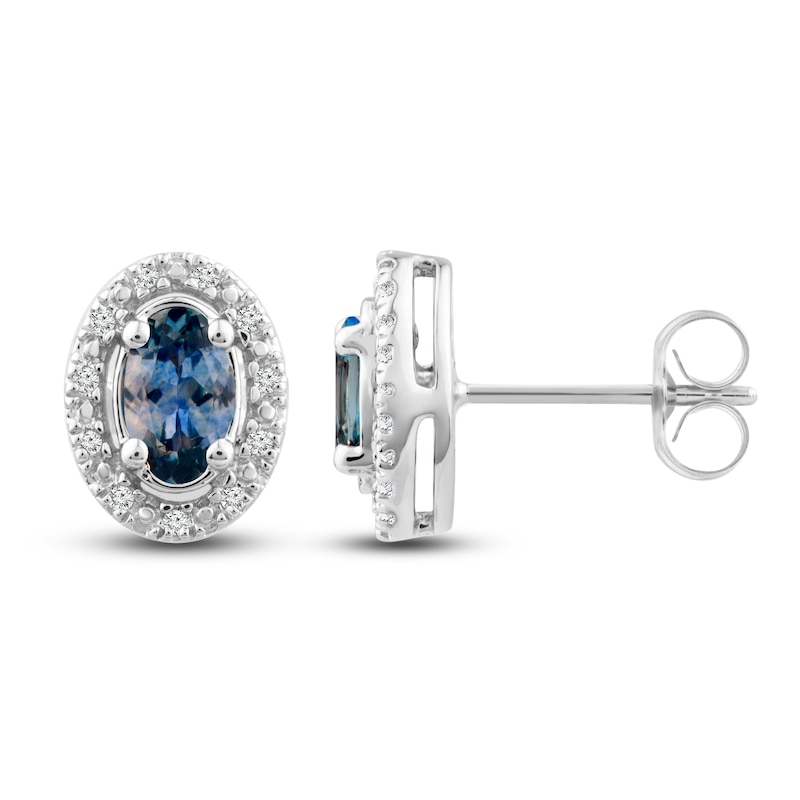 Montana Blue Oval-Cut Natural Sapphire Stud Earrings 1/20 ct tw Round Diamonds 10K White Gold