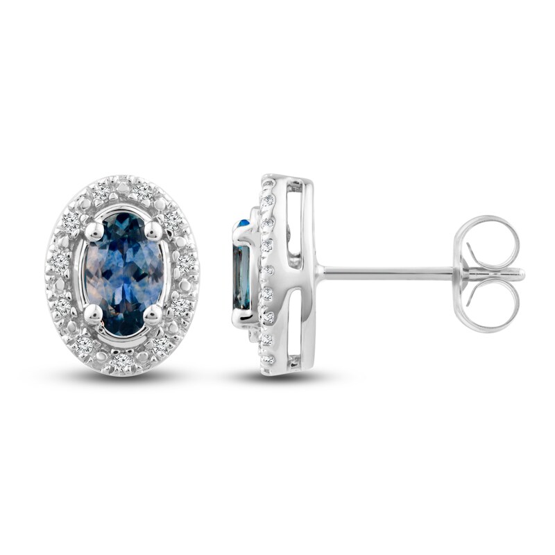 Main Image 2 of Montana Blue Oval-Cut Natural Sapphire Stud Earrings 1/20 ct tw Round Diamonds 10K White Gold