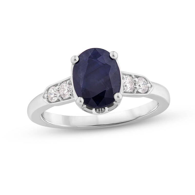 Main Image 1 of Natural Blue Sapphire Ring 1/3 ct tw Diamonds 14K White Gold