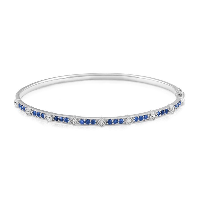 Natural Blue Sapphire  Bangle Bracelet 1/5 ct tw Diamonds 14K White Gold
