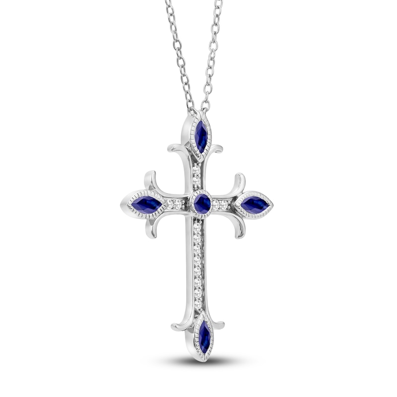 Natural Blue Sapphire Cross Pendant Necklace 1/10 ct tw Diamonds 14K White Gold