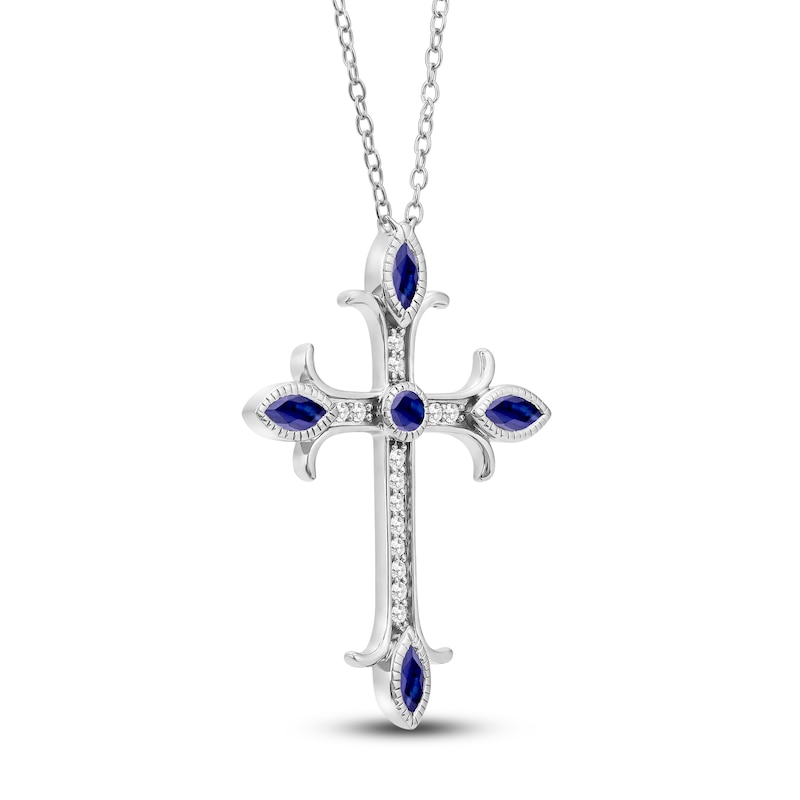 Main Image 2 of Natural Blue Sapphire Cross Pendant Necklace 1/10 ct tw Diamonds 14K White Gold