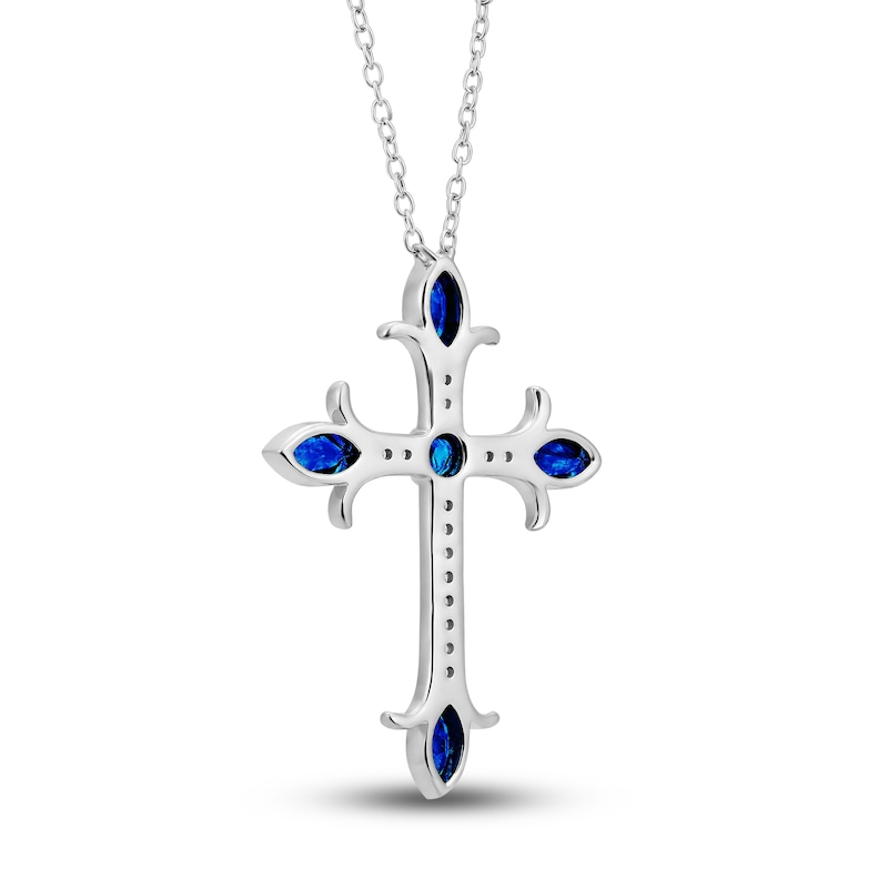 Natural Blue Sapphire Cross Pendant Necklace 1/10 ct tw Diamonds 14K White Gold