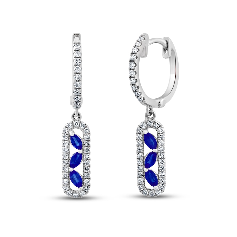 Natural Blue Sapphire Dangle Earrings 1/3 ct tw Diamonds 14K White Gold