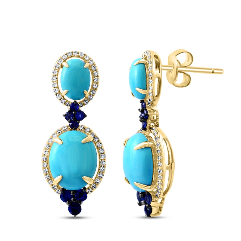 LALI Jewels Natural Blue Sapphire & Natural Turquoise Earrings 1/3 ct tw Diamonds 14K Yellow Gold