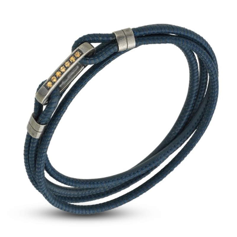 Marco Dal Maso Men's Woven Blue Leather Multi Wrap Bracelet Natural Yellow Sapphire Sterling Silver 8"