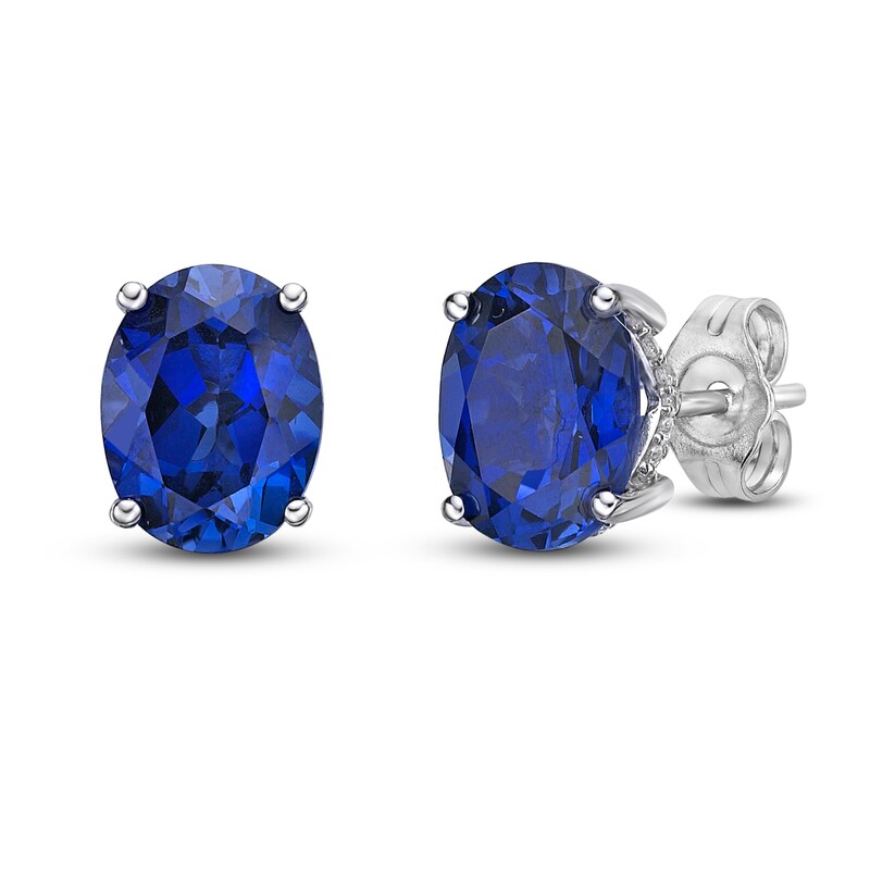 Main Image 1 of Ceylon Lab-Created Sapphire Stud Earrings 1/8 ct tw Round 10K White Gold