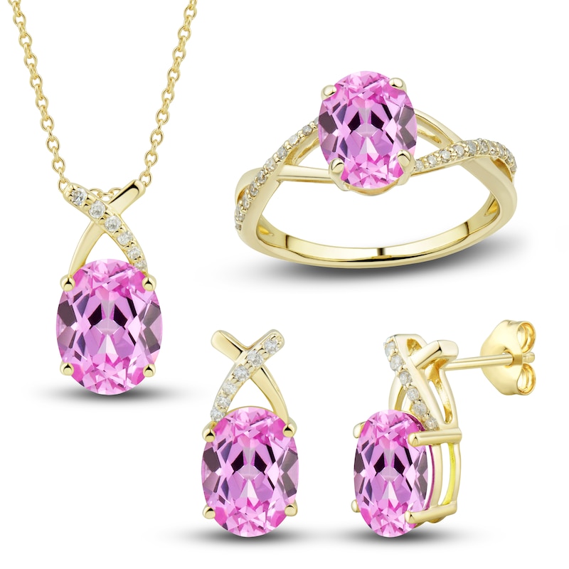 Main Image 1 of Pink Lab-Created Sapphire Ring, Earring & Necklace Set 1/5 ct tw Diamonds 10K Yellow Gold