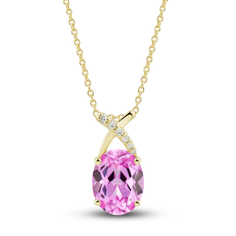 Main Image 2 of Pink Lab-Created Sapphire Ring, Earring & Necklace Set 1/5 ct tw Diamonds 10K Yellow Gold