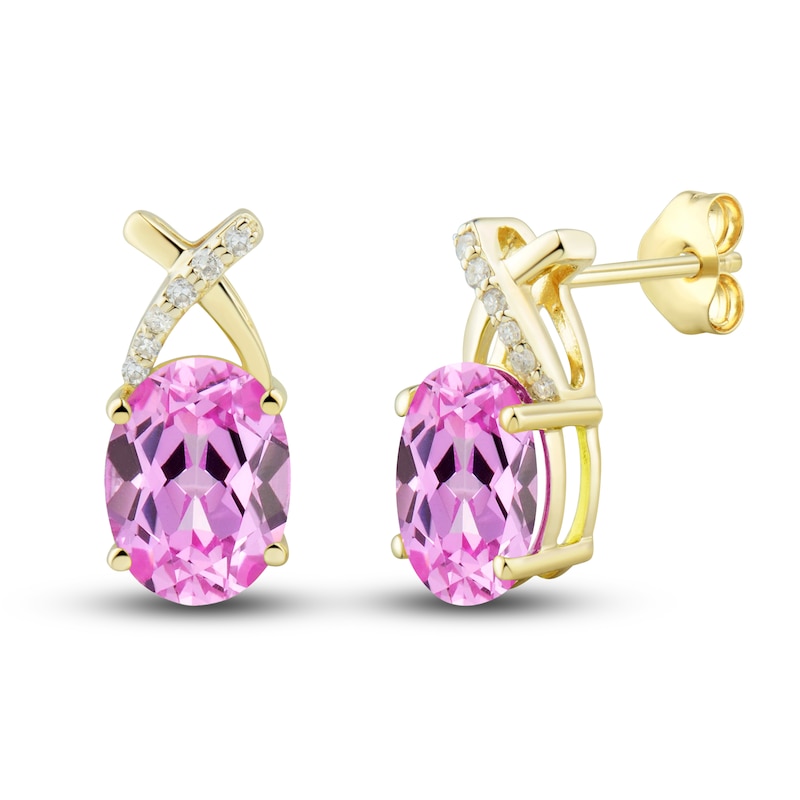 Main Image 3 of Pink Lab-Created Sapphire Ring, Earring & Necklace Set 1/5 ct tw Diamonds 10K Yellow Gold