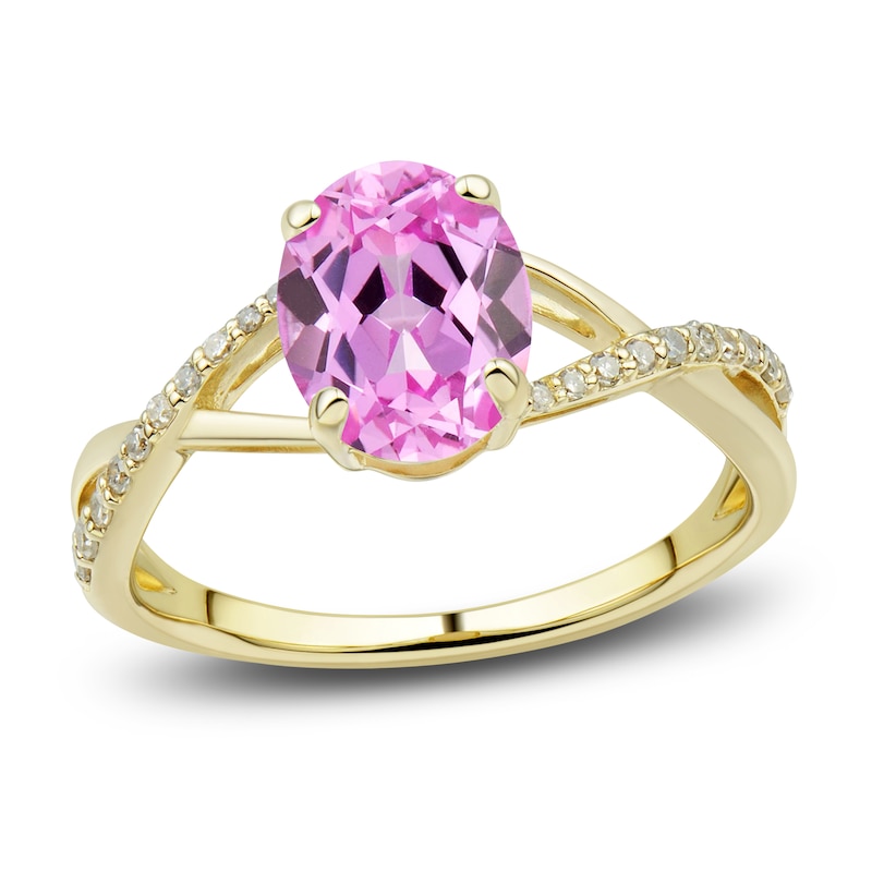 Main Image 4 of Pink Lab-Created Sapphire Ring, Earring & Necklace Set 1/5 ct tw Diamonds 10K Yellow Gold