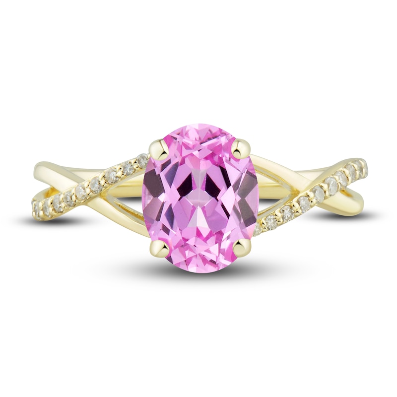 Main Image 5 of Pink Lab-Created Sapphire Ring, Earring & Necklace Set 1/5 ct tw Diamonds 10K Yellow Gold