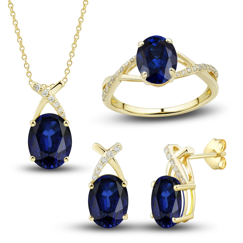 Main Image 1 of Blue Lab-Created Sapphire Ring, Earring & Necklace Set 1/5 ct tw Diamonds 10K Yellow Gold