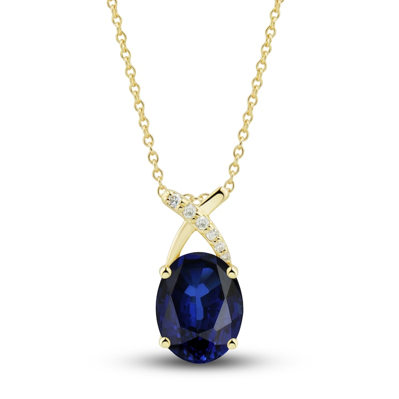 Main Image 2 of Blue Lab-Created Sapphire Ring, Earring & Necklace Set 1/5 ct tw Diamonds 10K Yellow Gold